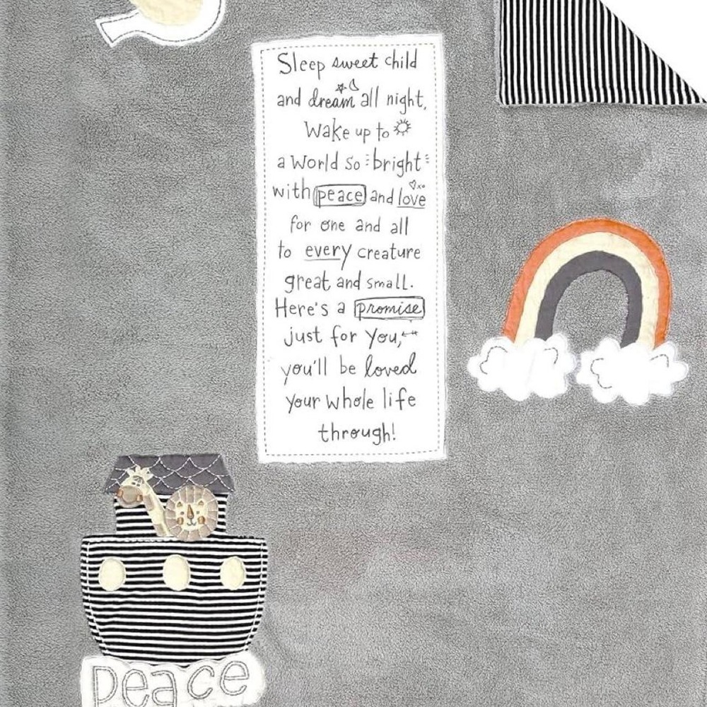 Demdaco Gray Noahs Ark Rainbow Dove Plush Baby Blanket Black White Stripe